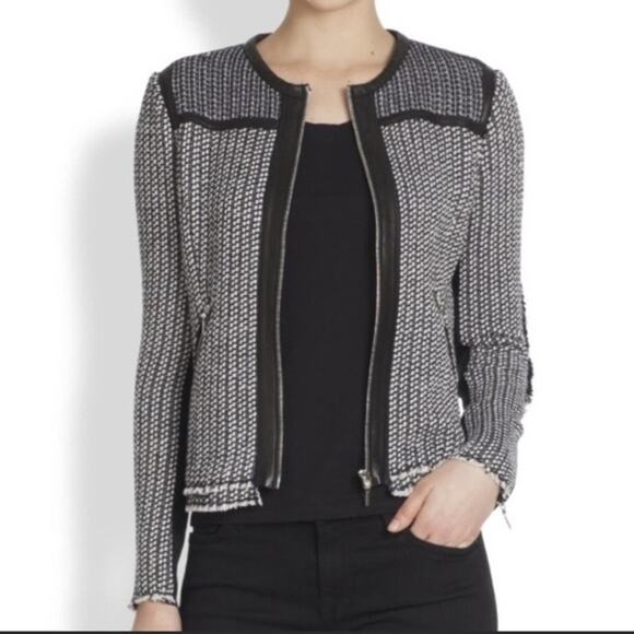 Rebecca Taylor Black and White Tweed Lamb Leather Trim Zip Jacket Blazer 4 - Picture 1 of 11